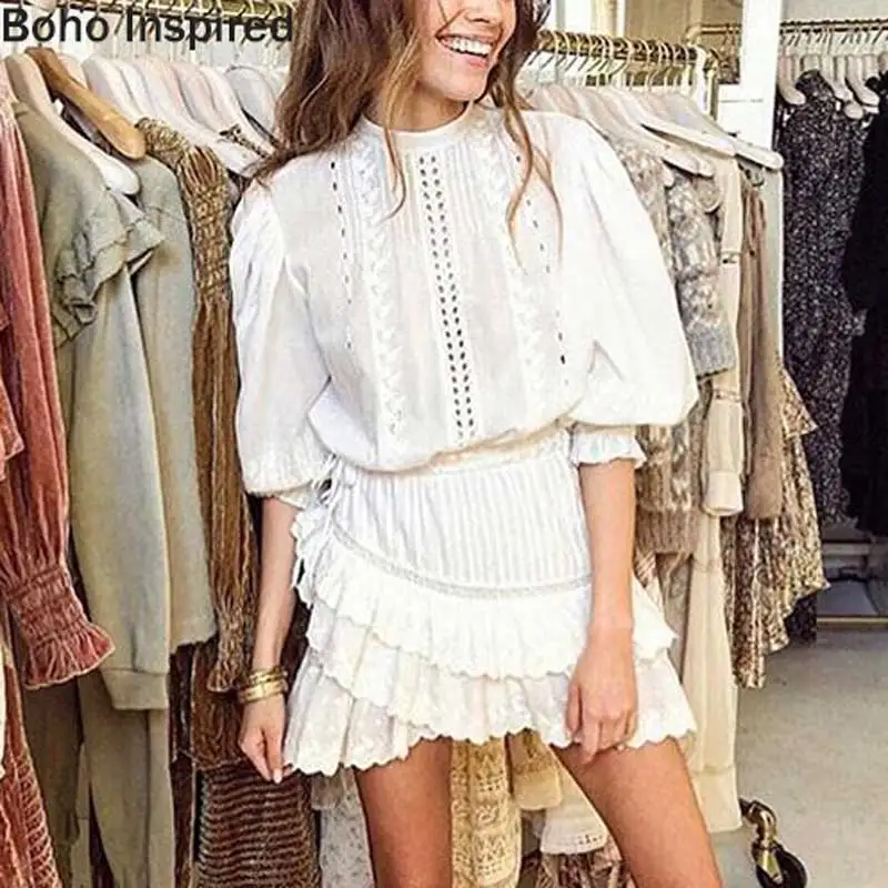 BOHO INSPIRED Lorelei tiered white party dress embroidery ruffle dress women O-neck lantern sleeve mini cotton boho dress