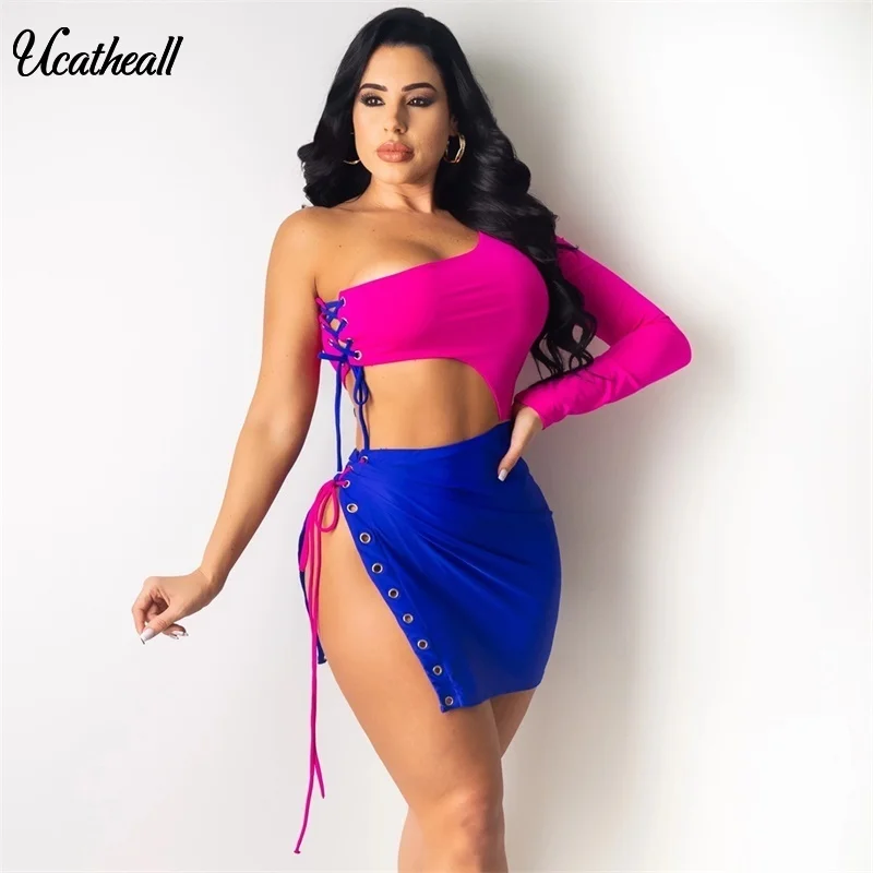 

Corns Lace Up Split Two Pieces Skirt Set Women Crop Tops Fashion Streetwear Outfits Solid Color Party Club Matching Sets