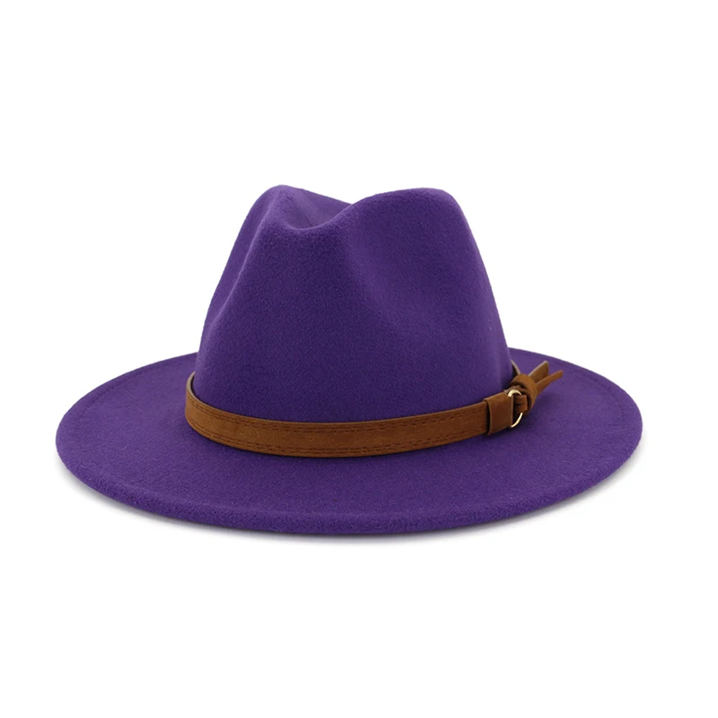 Purple FS розовая фетровая шляпа для женщин и мужчин, винтажные шляпы Трилби с поясом, Зимняя шерстяная теплая джазовая шляпа, Черная Женская шляпа, осень - Цвет: Purple