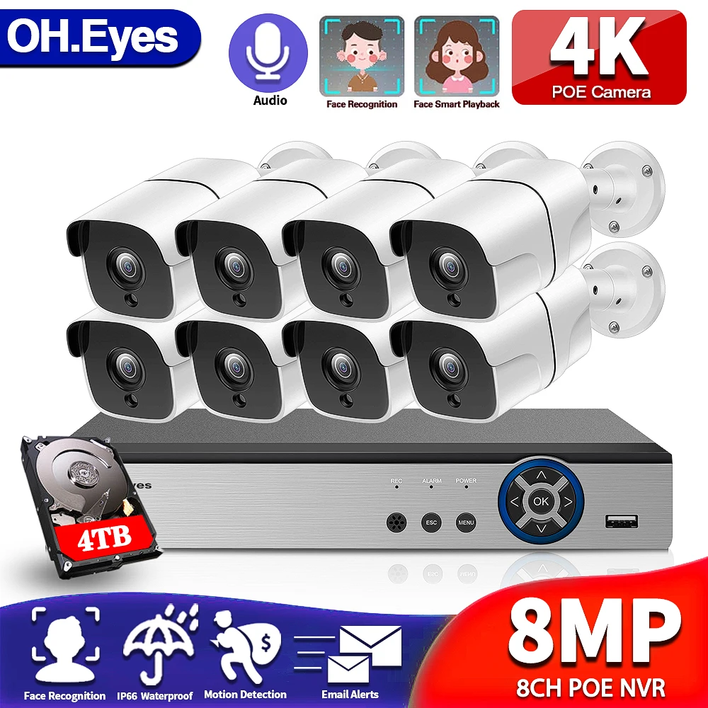 

OH.eyes 8MP POE 8CH 4K NVR Kit CCTV System Face Detection Playback IP66 Outdoor Audio Record IP Camera Video Surveillance Set