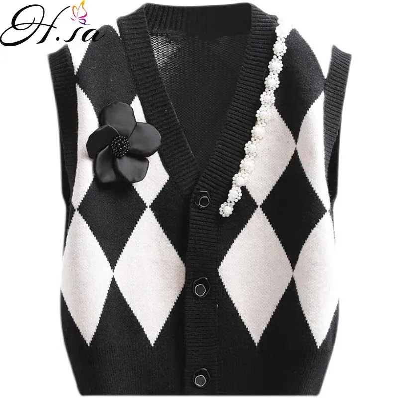 

Hsa, перламутровый вязаный кардиган с v-образным вырезом, Argyle Caridgans, жилет для женщин, Осень-зима 2021, Свободный кардиган без рукавов, свитер, жил...