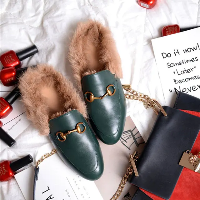 Fur Green Leather VISI HOP/ г.; модные Настоящий мех кролика; Шлепанцы из натуральной кожи; женские пушистые тапочки; зимняя теплая обувь - Цвет: Fur Green Leather
