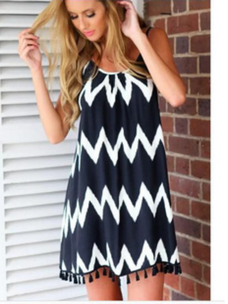 

Women Beach Dress Summer New Printed Sling Wave Pattern Fringe Suspender Loose Bohemian Dress Plus Size Dress Holiday