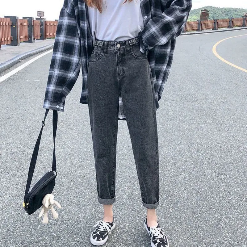 

High Waist Women Jeans Adjusted Button Harem Pants Straight Loose Autumn Slim Denim Pencil Pants Trousers Femme Mujer