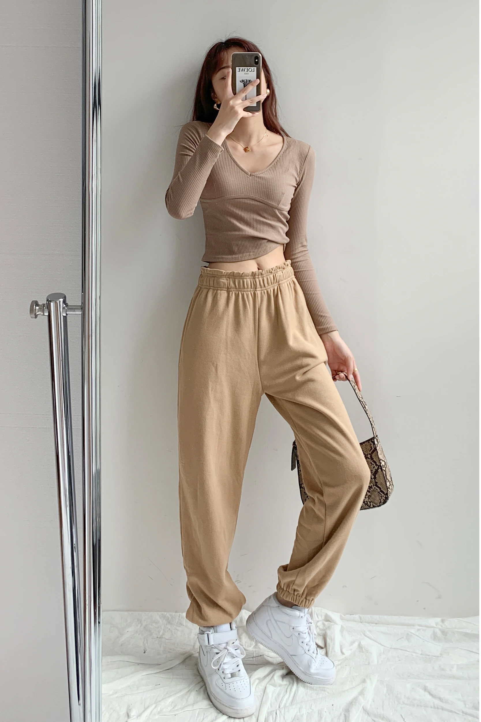 

Women's spring autumn high waist straight Leggings Khaki casual pants
