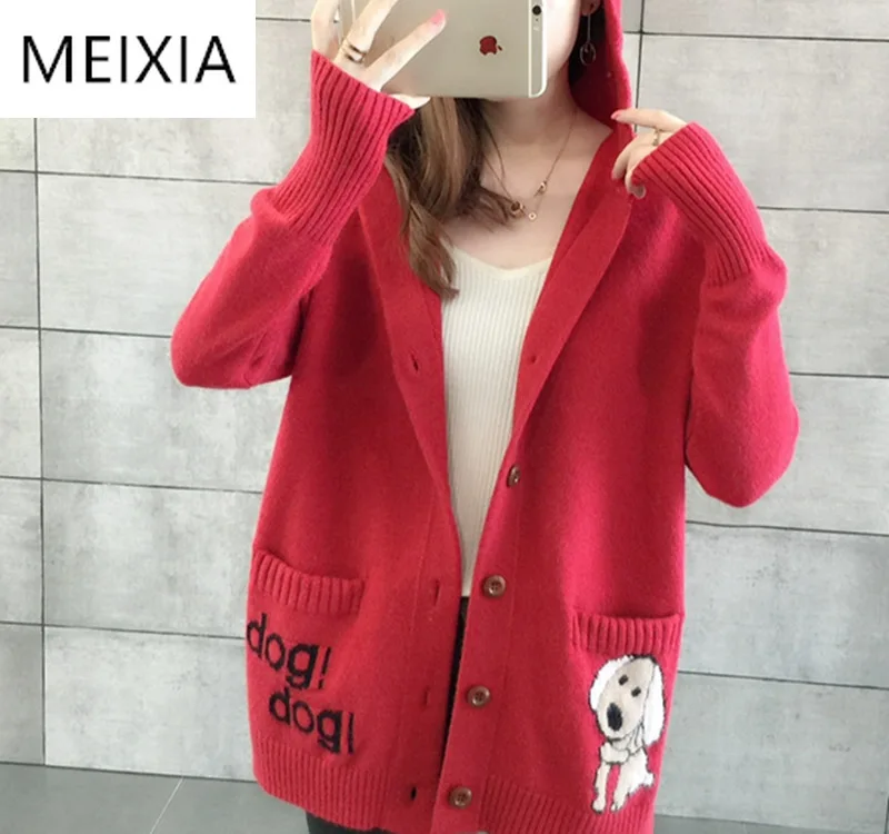 

Cartoon Hooded Knitted Cardigan Women Flim Loose Woman Sweater Outerwear Women Cardigan For Spring Long Sleeve Knit Tops
