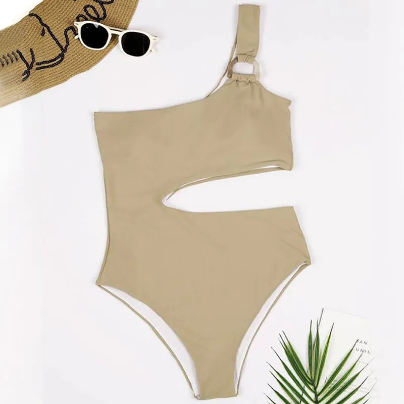 

Women's Solid Color Bikini One Shoulder Swimsuit Hollow Waist Swimwear Bathing Suit Beach
