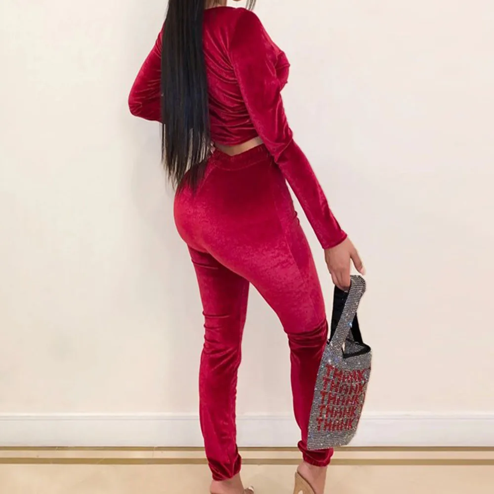 Бархатный женский комплект из 2 предметов Осенний обтягивающий топ с длинными