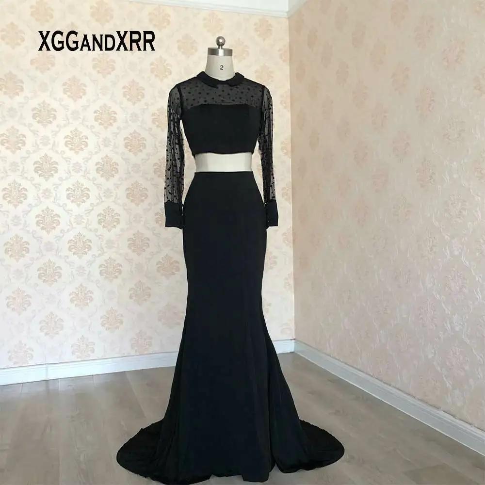 

Real Picture Long Sleeves Mermaid Two Pieces Prom Dress 2020 Black Evening Dress Sweep Train Illusion Girls Graduation Gowns