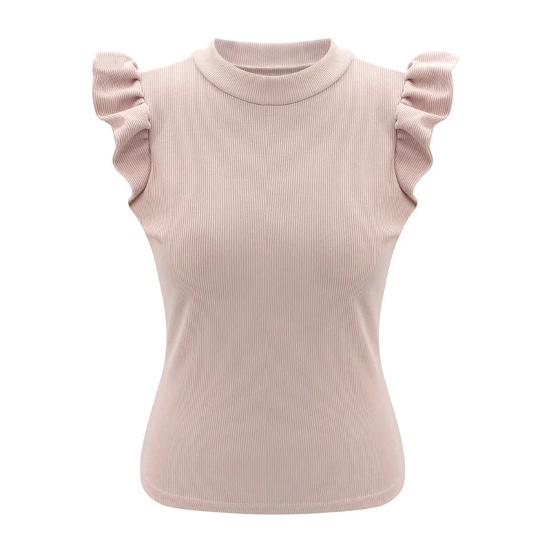 

Summer T-Shirts Women Elegant O-Neck Ruffle Short Sleeve Solid Slim Pullover Tops Casual Rib knit Bodycon Tees Female Streetwear