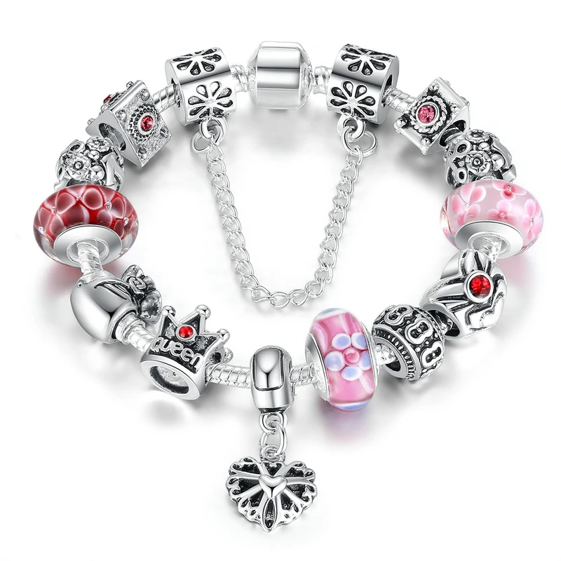 Роскошные серебряные сердца любовь очарование Кристалл бисер браслет для женщин