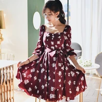 dabuwawa burgundy square neck floral print vintage dress women lantern sleeve fit and flare button front dress female dt1adr040