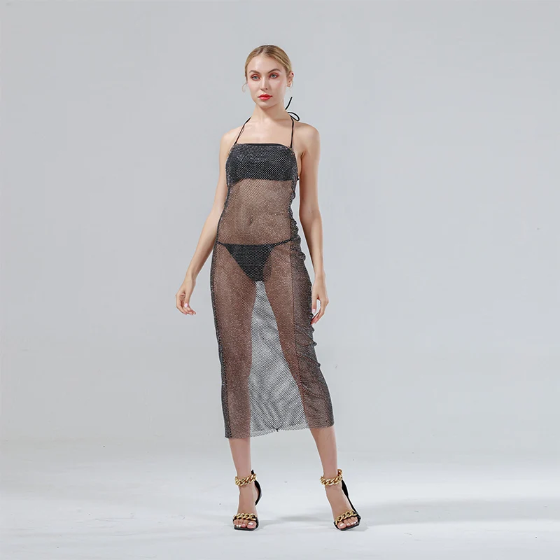 

Sleeveless Backless Hollow Out Halter Rhinestone Dress See Through Fishnet Plaid Shiny Crystal Elastic Mid Calf Pencil Dress