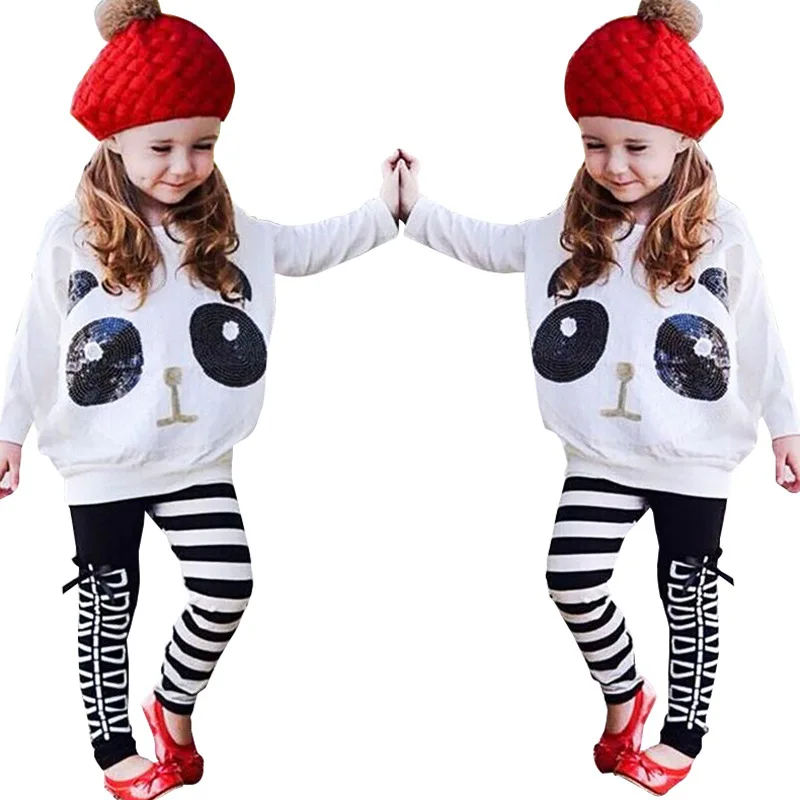 

2020 New Hot Sall Cute Girls Panda Suit Striped Suit Two Sets Children's Autumn Embroidered Long-sleeved T-shirt + Two Pants