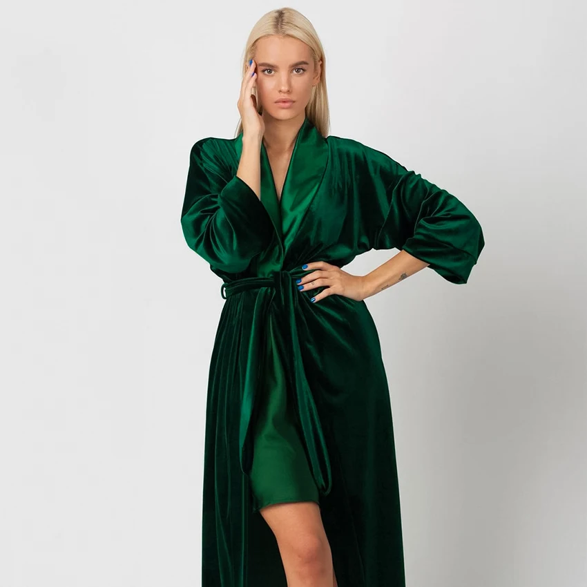 

Велюровая Пижама Hiloc, однотонная Пижама, халаты до середины икры для женщин, ночная одежда, Теплый Бархатный халат, женская ночная рубашка