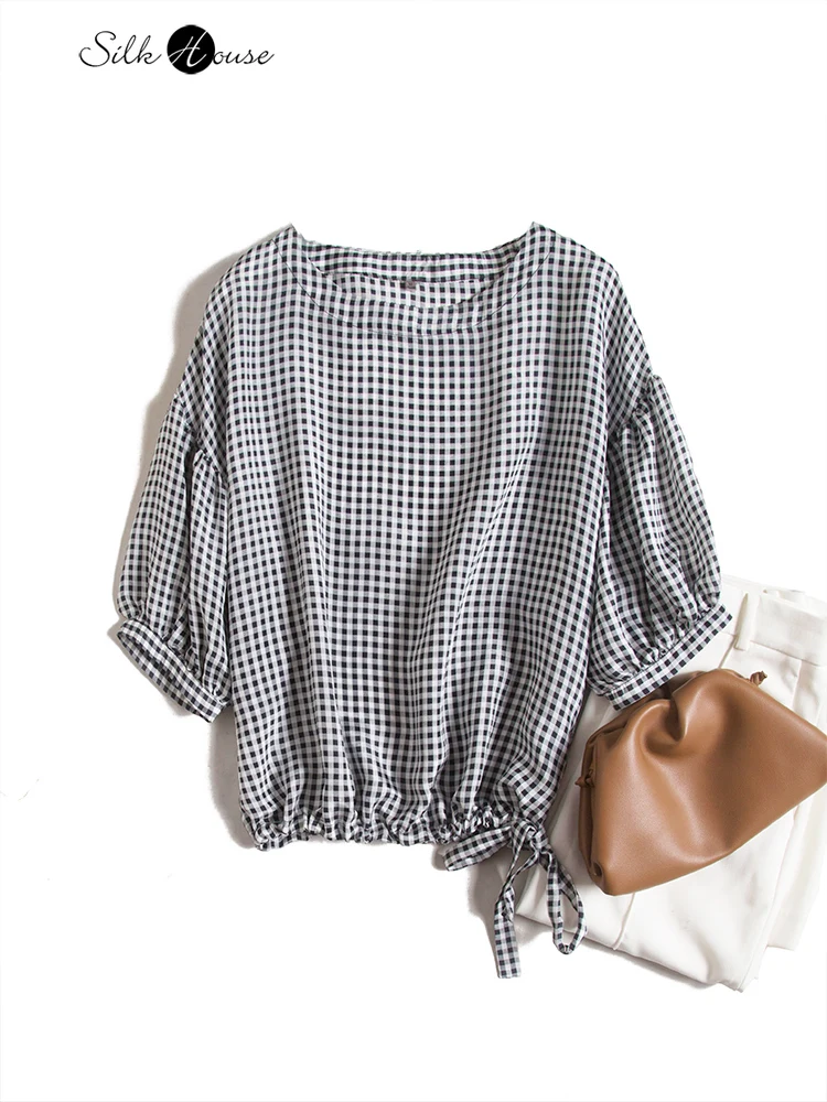 

Popular Lantern Sleeve Round Neck Plaid Silk Shirt for Women 2021