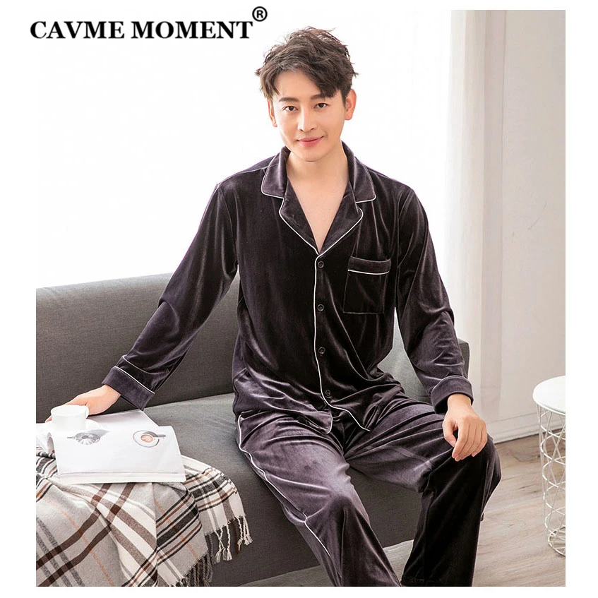 CAVME Male Pajama Sets Winter Velour Sleepwear Full Sleeve Pyama Sets 2 Pieces Solid Color PLUS SIZE