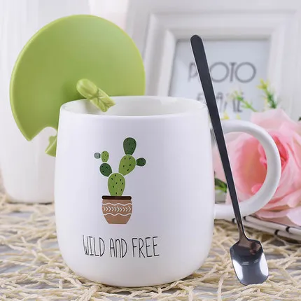 D Oussirro Детские Мультяшные кружки с ложкой и крышкой для творчества керамическая кружка Студенческая Питьевая чашка кактус термос - Цвет: D