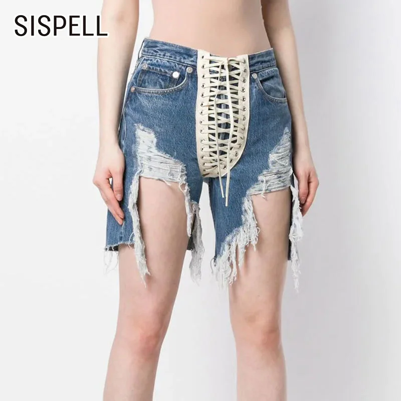 

SISPELL Patchwork Bandage Women's Denim Short High Waist Tassel Asymmetric For Female Casual Shorts 2020 Fashion Streetwear New