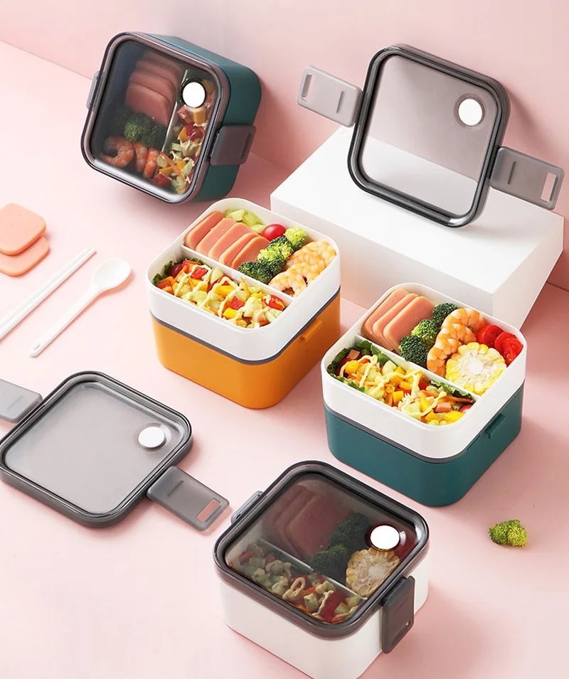 

New Portable 2 Layer Lunch Box Bento Box Microwave safe Plastic lunch Salad Fruit Food Container Box With compartment