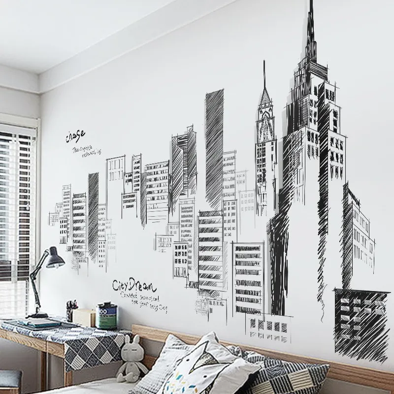 

Vintage Black Big Tall City Buildings Set Wall Stickers PVC DIY Mural Art for Living Room Sofa Decoration Background Decal 3Size