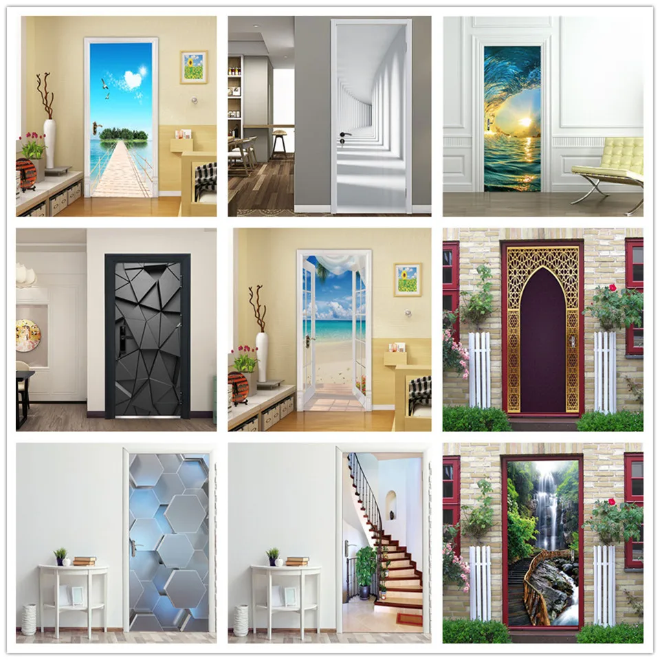 

2pcs/set 3D Self-adhesive Wall Sticker Home Design Art Door Decoration Poster For Living Room Bedroom Decor Wallpaper DIY Decals