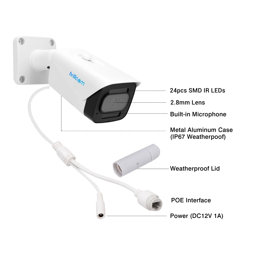 Brillcam 4K 8MP POE IP Камера AI Микрофон Micro SD Запись открытый Водонепроницаемый дома