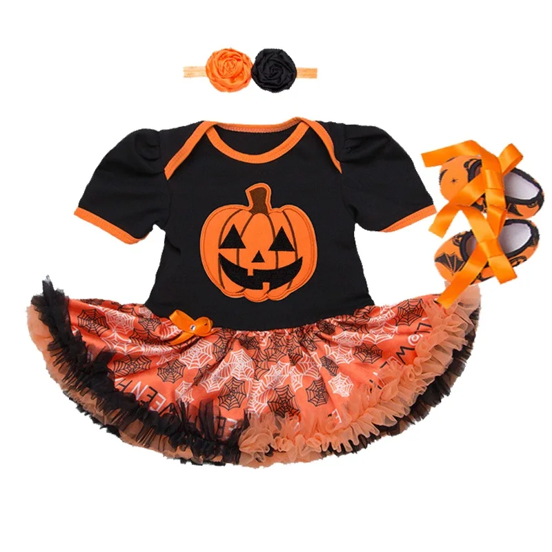 

2021 Fashion Newborn Toddler Baby Girls Clothes Sets Halloween Costume Short Sleeve Party Romper Shoes Headband 3pcs Outfits Set
