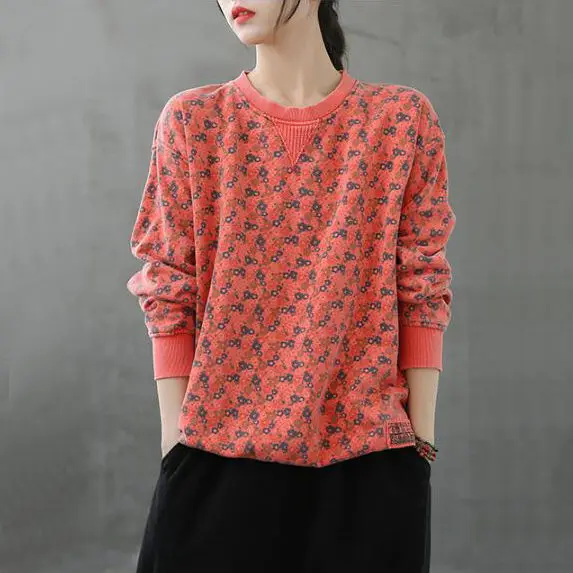

Vintage Floral Pullover Long Sleeve Sweater Women Loose Cotton Oversized Top Autumn All Match Sweatshirt