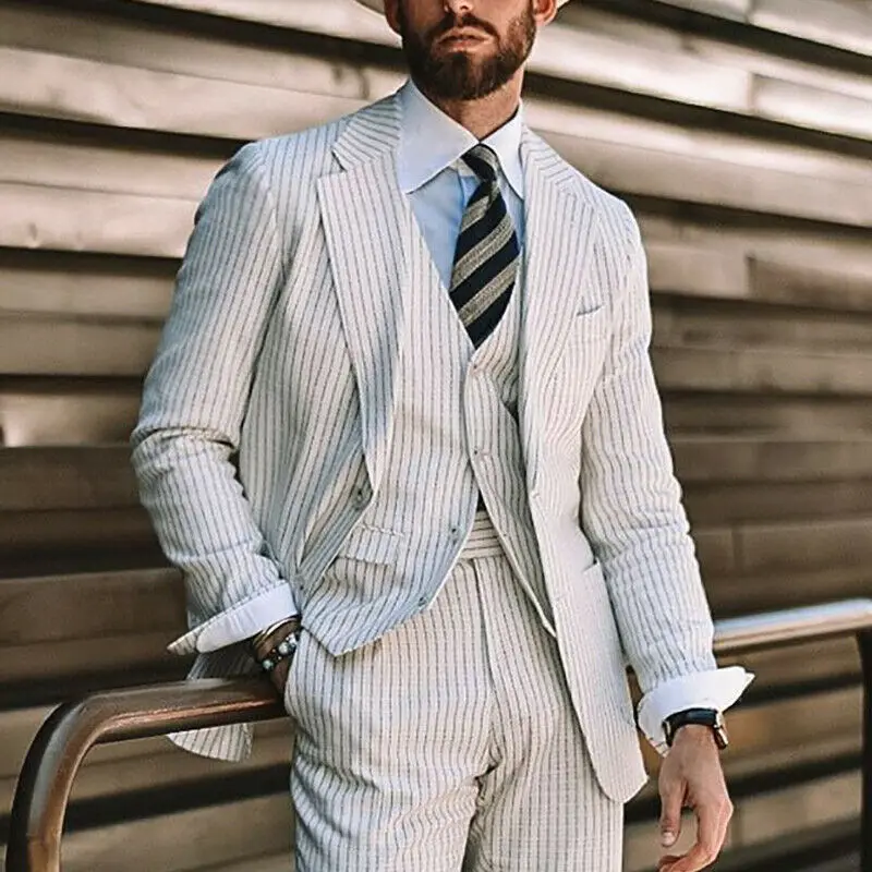 

Деловые полосатые мужские костюмы, облегающий мужской блейзер для свадьбы и выпускного вечера, пальто с вырезом на лацкане, 3 шт., куртка, жилет и брюки