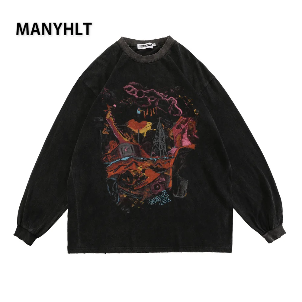

Hip Hop Oversize Washed T-shirt Streetwear Harajuku Ripped Graphic Print T Shirt 2021 Men Autumn Long Sleeve Cotton Loose Tshirt