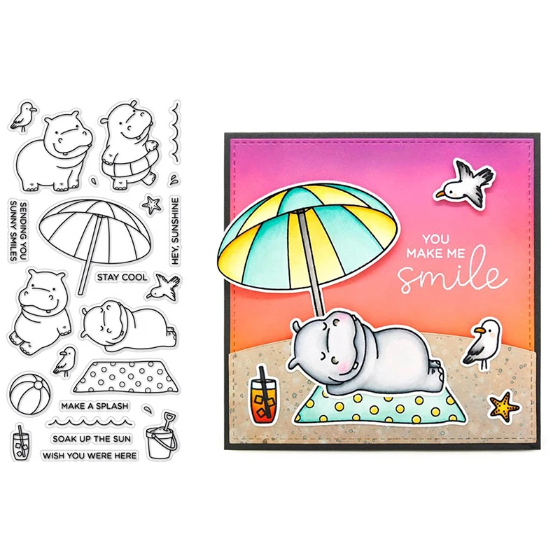

Enjoying Vacation Hippo Sun Umbrella Beach Ball Wave Sunlight Word Transparent Clear Stamps For DIY Scrapbooking Cards Crafts
