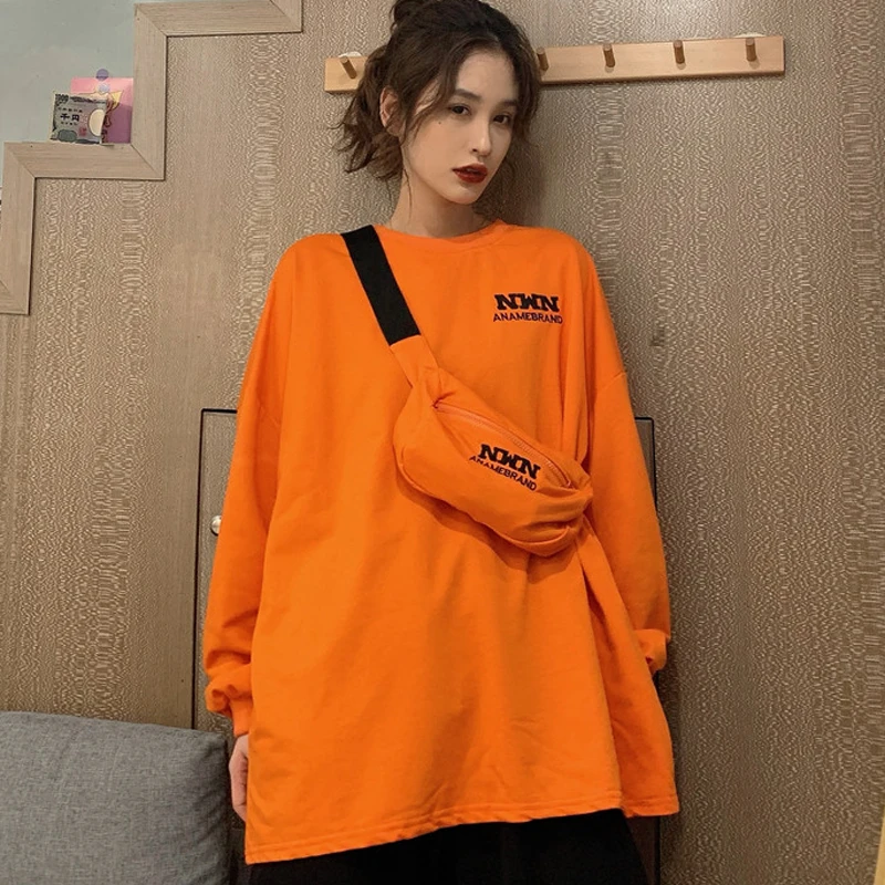 

DAYIFUN Oversized Sweatshirts with Bag Women Vintage Orange Hoodies Letter Print Streetwear Long Sleeve Tops Autumn Pullovers