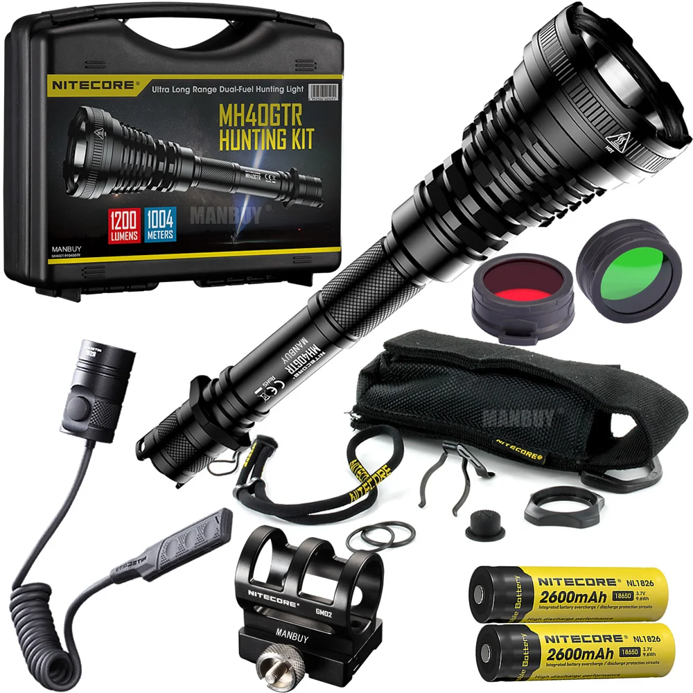 

Распродажа Nitecore MH40GTR Охотничий комплект 1200LMs перезаряжаемый фонарик + 2x18650 батареи + G-крепление + дистанционный переключатель + 2 цветных филь...