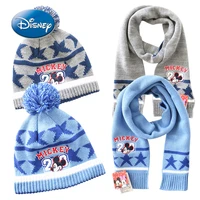 disney mickey cartoon childrens scarf winter new 3 8 years old boys and girls plus velvet warm knitted bib hat two piece set