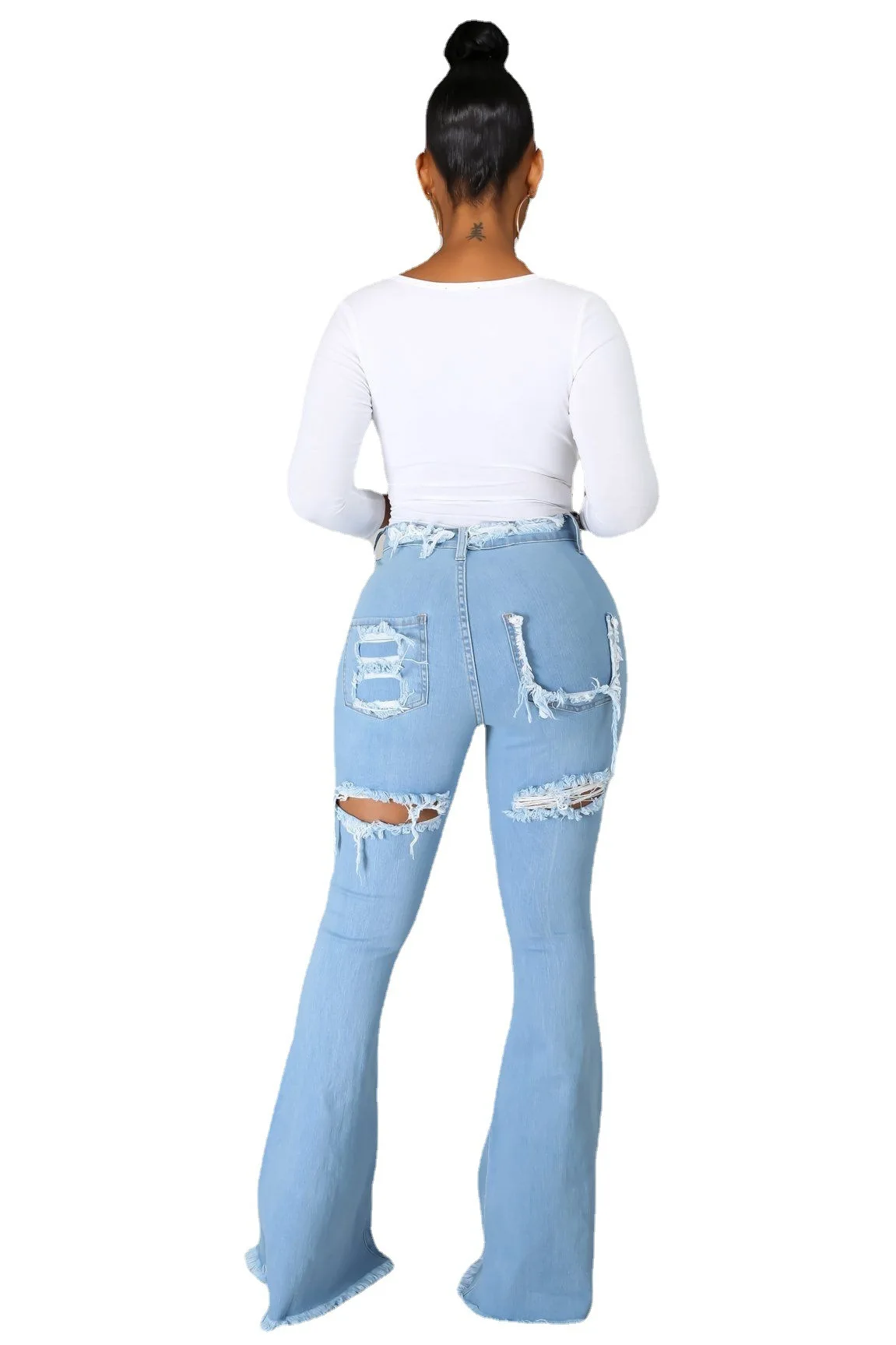 

SSEURAT 2021 Summer Denim Pants Women Retro Solid Sexy Hole Jeans Ripped Flare Trousers Street Skinny High Waist Lady Pants