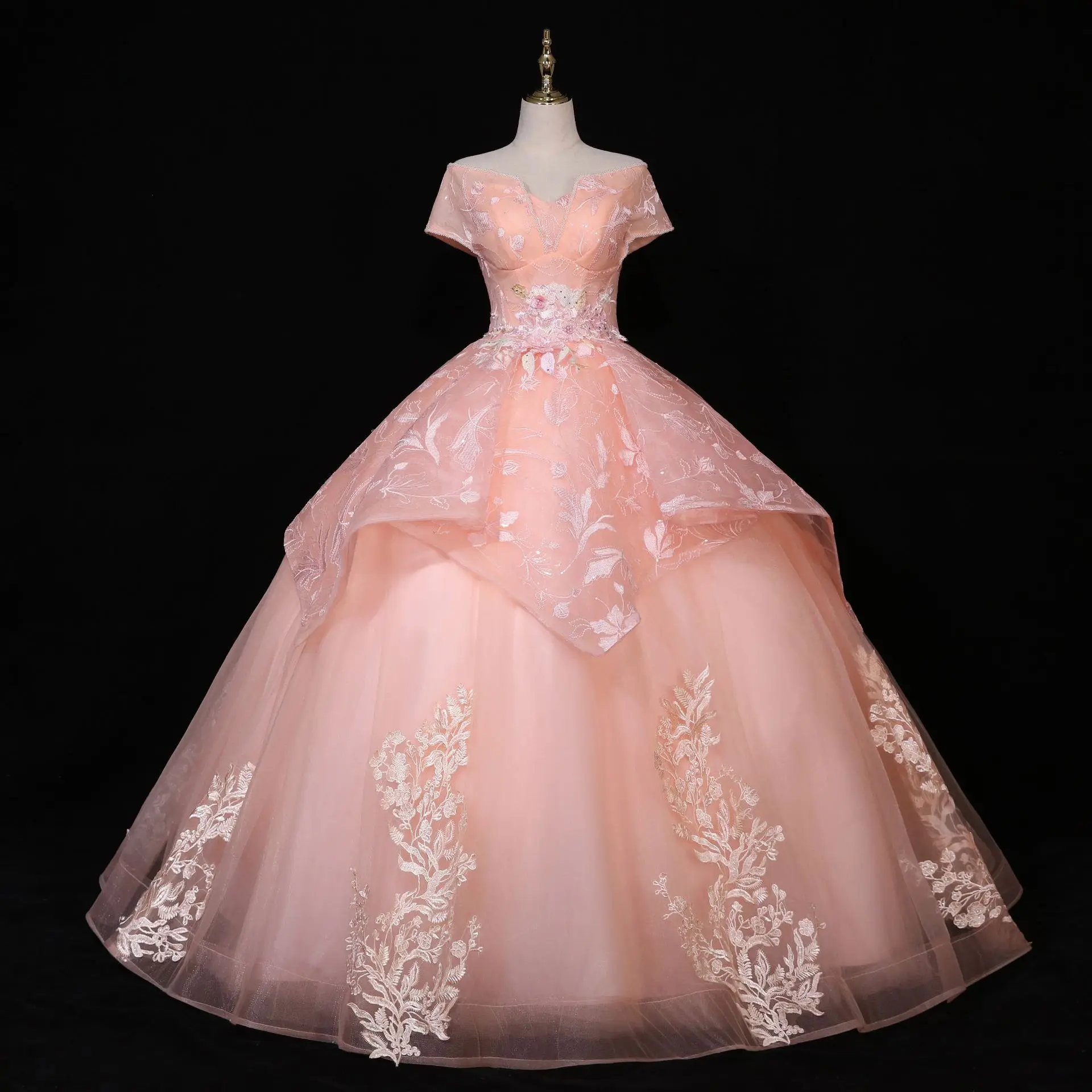 

Short Sleeve Pink Quinceanera Dresses Lace Party Dress Off Shoulder Ball Gown Sweet Prom Dress Custom Color Vestidos