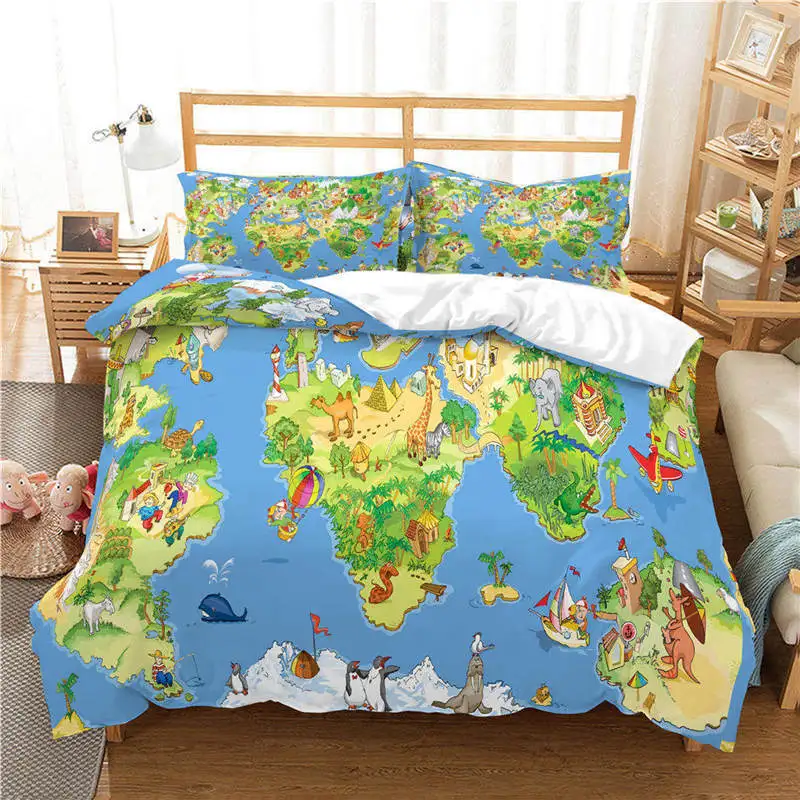 

World Map Bedding Set Single Twin Full Queen King Size World Map Bed Set Children's Kid Bedroom Duvetcover Sets 3D Full Print 01