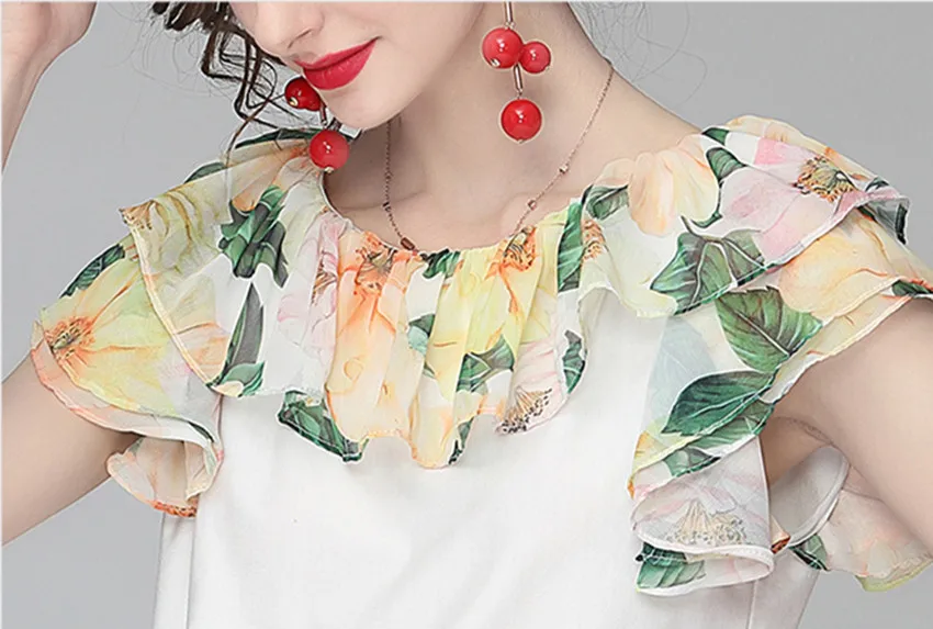 

JSXDHK Runway Summer Women Skirt Suit 2021 New Ruffles O Neck Printed Splicing Chiffon Tops + Yellow Camellia Skirts 2 Piece Set