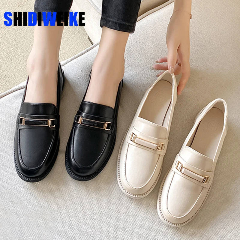 Женские кожаные кроссовки на плоской подошве Слипоны с круглым носком Лоферы