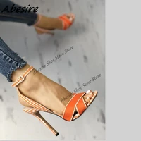 abesire new sandals orange clathrate ankle buckle thin high heel sandals woman summer shoes fashion lady sexy stilettos big size