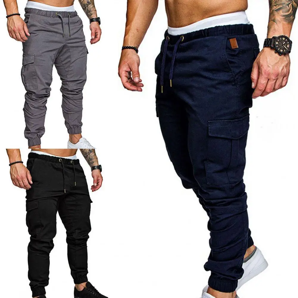 

Stylish Long Pants Pure Color Sports Trouser Elastic-waist Gym Pants Men Casual Pants Retro Pants