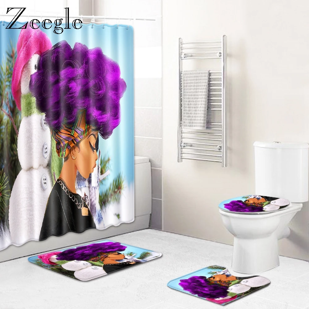 Zeegle 4pcs Bath Mat Set Waterproof Curtain Non-slip Bathroom Doormat Shower Soft Toilet Cover Seat Absorbent Rug | Дом и сад
