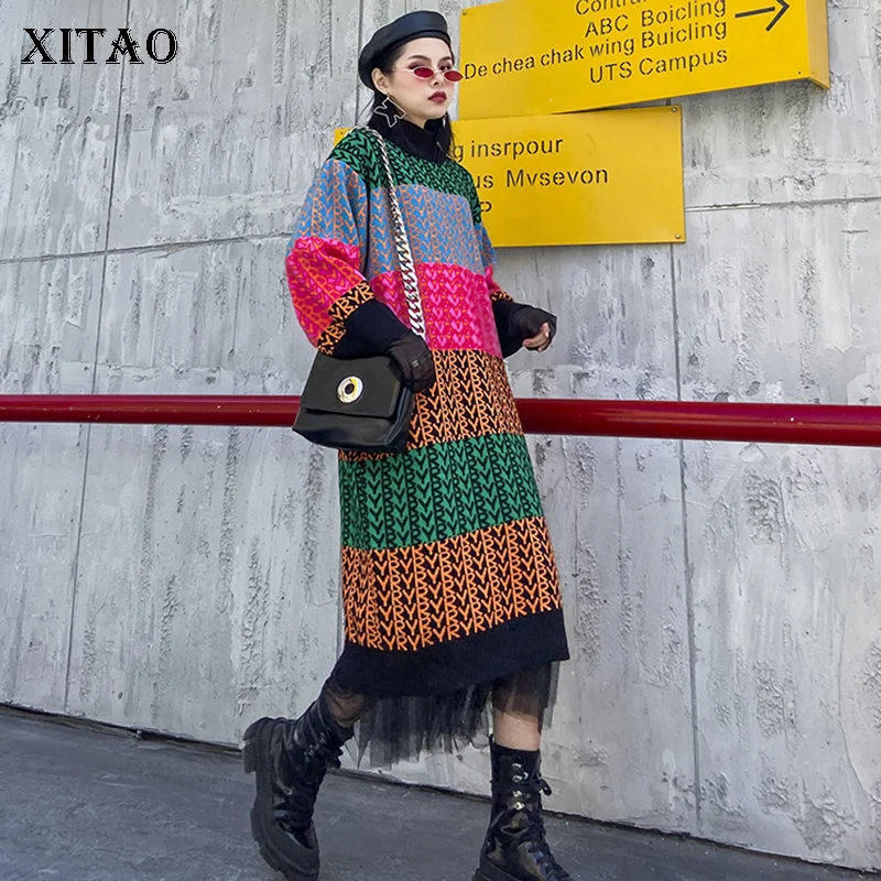 XITAO трикотаж, надписи платье Для женщин длинный рукав весна лоскутное небольшой свежий длинный пуловер меньшинств свободное платье GCC3125