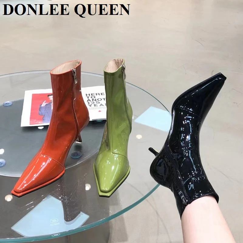 

Ботильоны женские из лакированной кожи, модные полусапожки на тонком высоком каблуке, элегантная обувь Челси, Осень-зима