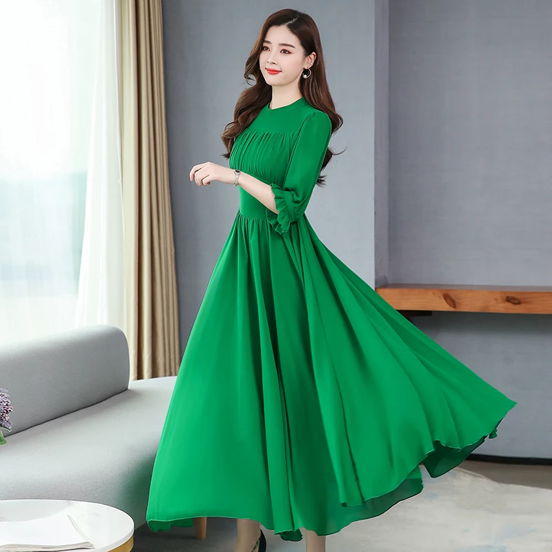 Новинка весна сплошной цвет размера плюс женское шифоновое платье богемное