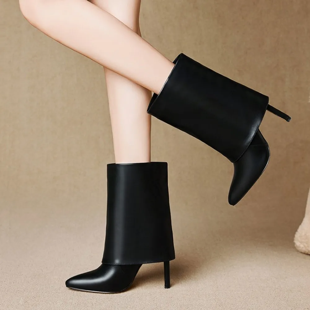 

Hot Sale US4-10 Womens PU Leather Mid Calf Boots Pull On Stilettos High Heel Wide Tube Warm Winter Shoes Pointy Toe Sexy Plus Si