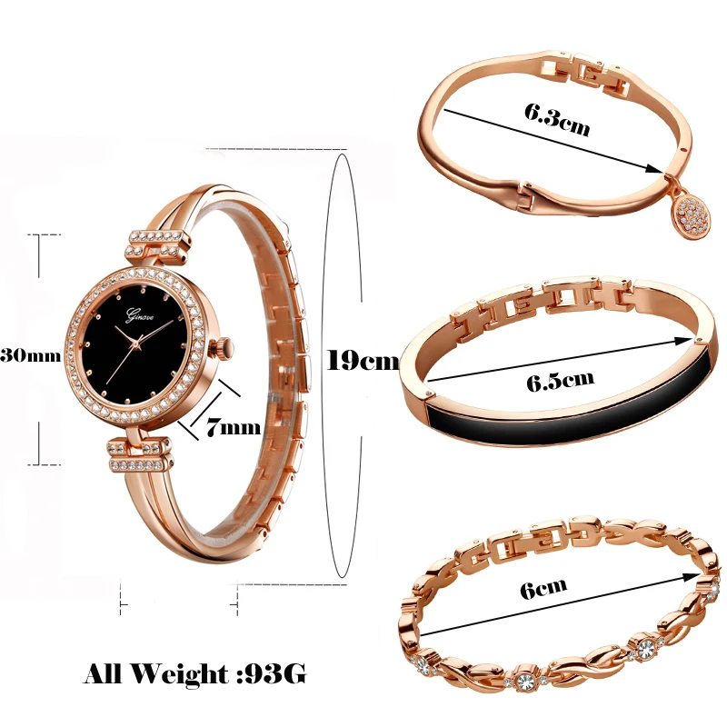 4 PCS Set Ginave Watch Women Rose Gold Diamond Bracelet Luxury Jewelry Ladies Female Girl Hour Casual Quartz Wristwatches | Наручные часы