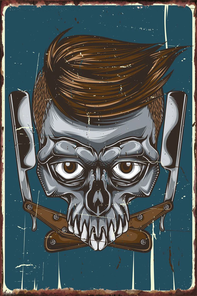 

Barber Skull Tin Sign Tin Plates Wall Decor Room Decoration Retro Vintage Metal Sign For Art Club Man Cave Cafe Pub Home