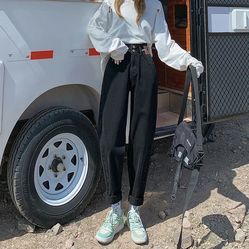 Джинсы-шаровары женские с завышенной талией прямые брюки-султанки свободного